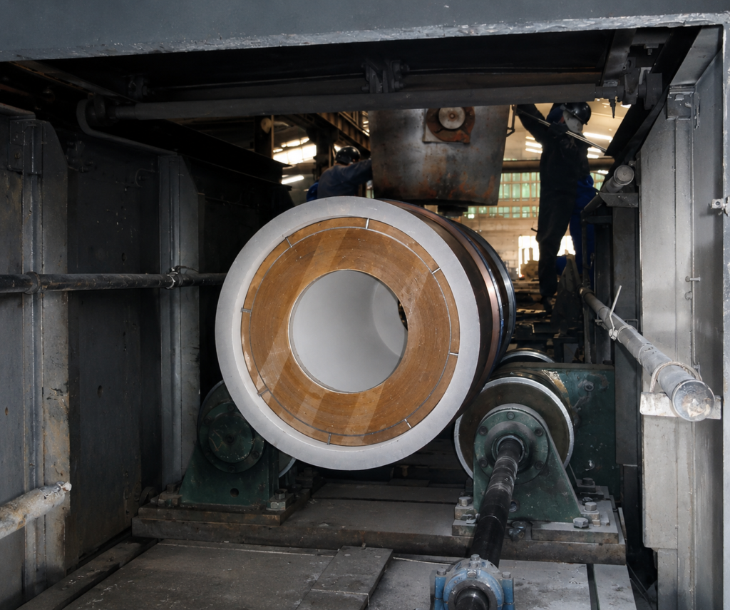 Coquilha montada na máquina de centrifugação de tubos da Metalúrgica Soares