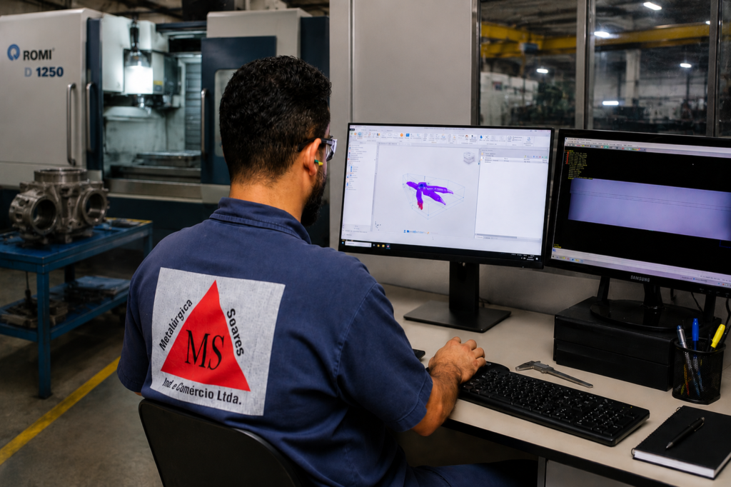 Engenheiro da Metalúrgica Soares desenvolvendo projeto em CAD